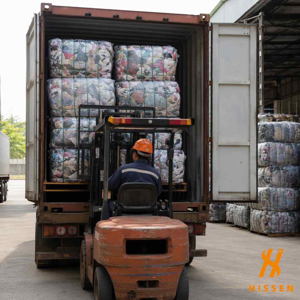 Trusted exporter loading mixed container of used clothes and shoes bales for international shipment