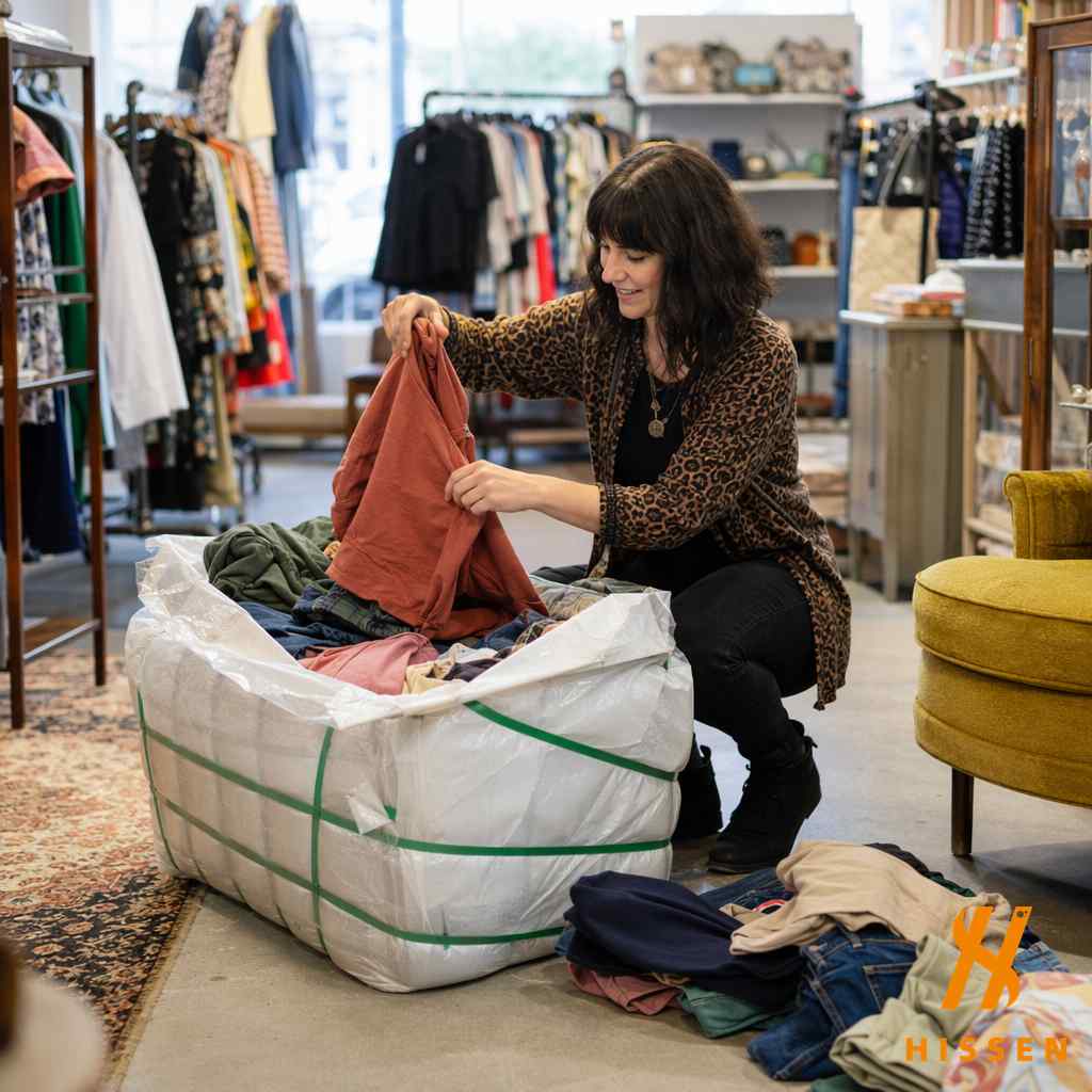 Resale shop owner unpacking a used clothing bale sorting through garments in their store