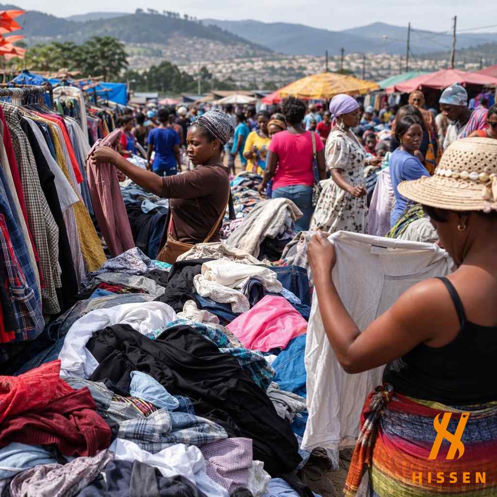Busy outdoor secondhand clothing market in Africa or South America with crowded stalls and shoppers