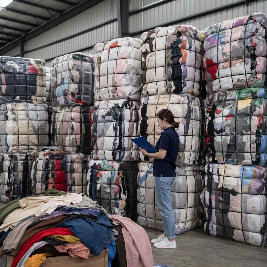 Warehouse of neatly stacked used clothing bales
