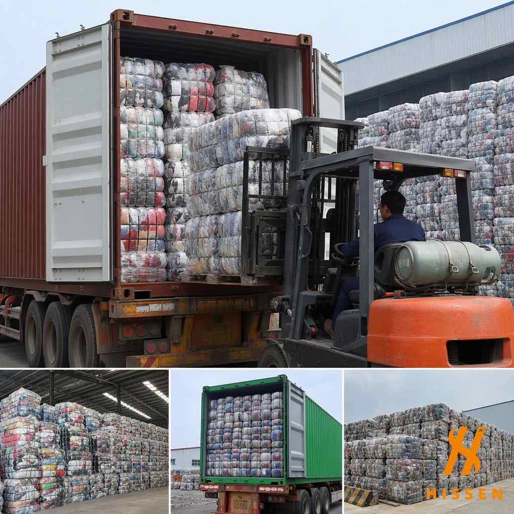 Wholesale used clothing bales being loaded for export at a large Chinese facility