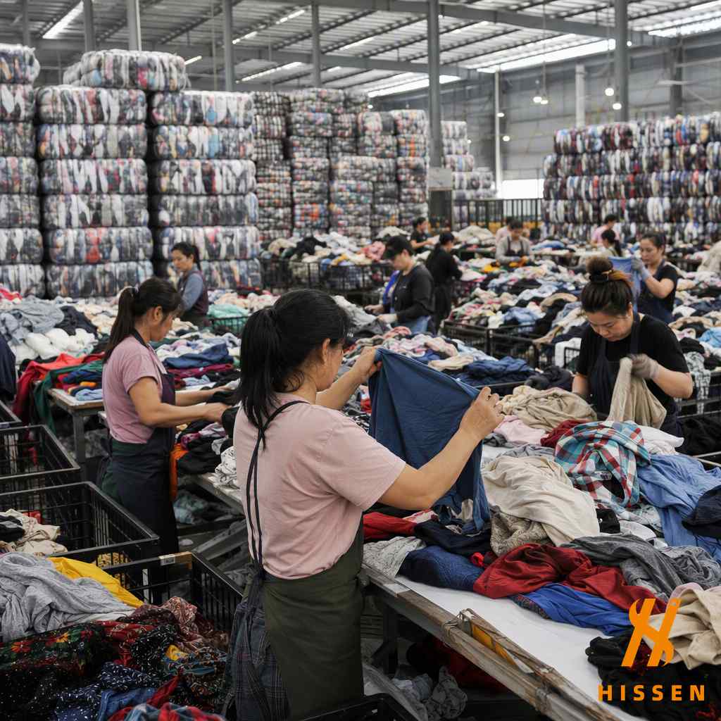 Workers at a wholesale used clothing bale facility sorting and grading garments