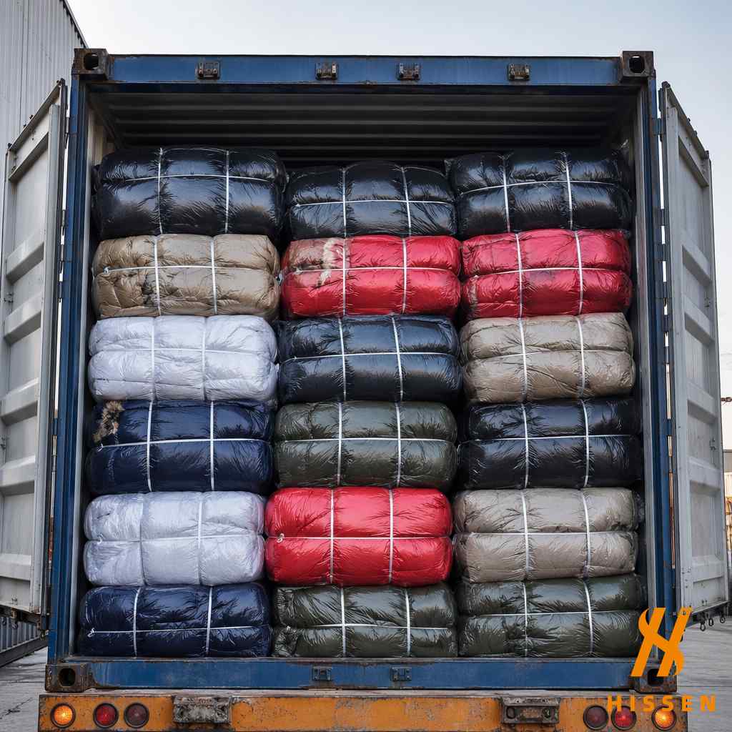 Shipping container loaded with heavy winter clothing bales ready for export to cold climate countries