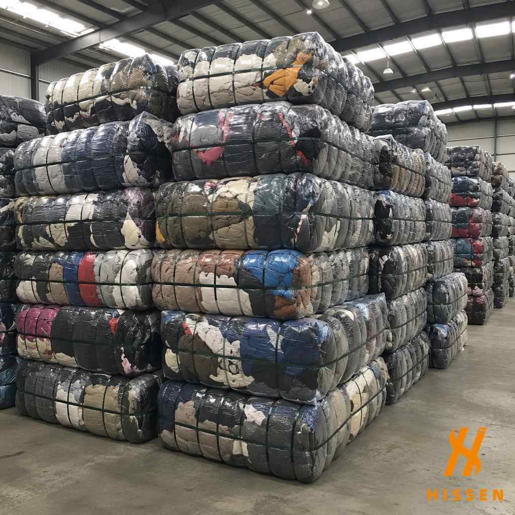 Warehouse with heavy winter clothing bales containing jackets sweaters and coats stacked for export