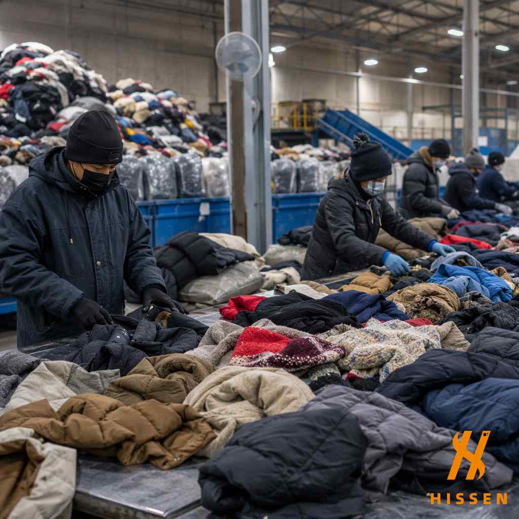 Workers sorting through heavy winter clothing jackets sweaters coats at a textile recycling facility