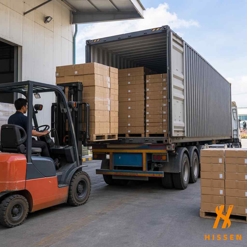 Container loading of branded sports shoe cartons for export
