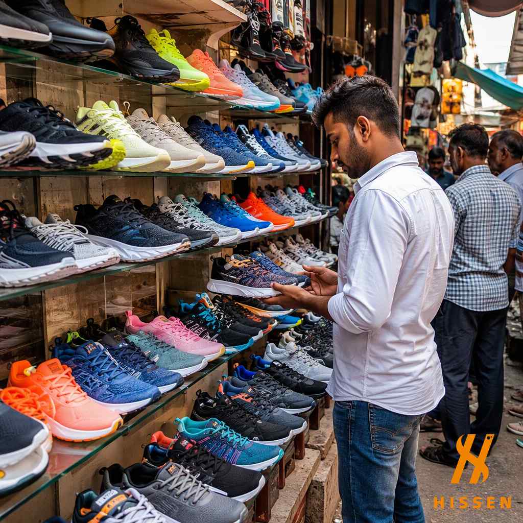 Retail market stall selling branded sports sneakers in an emerging market