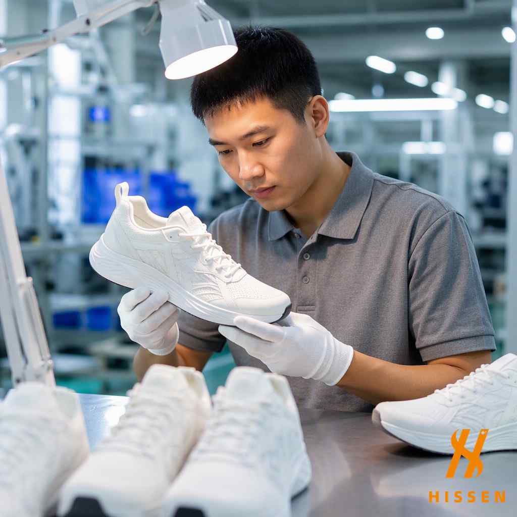 Quality control worker inspecting branded sports shoes before export