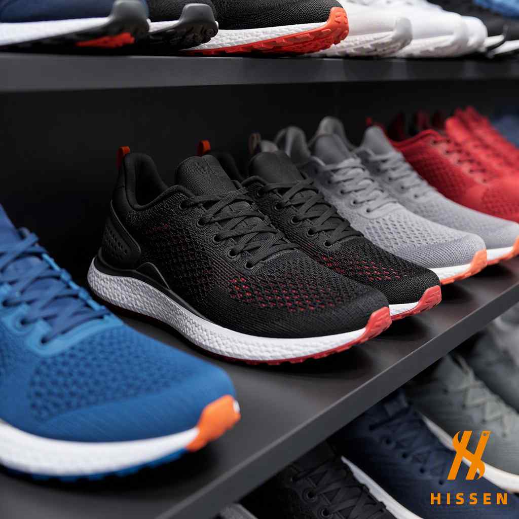 Close-up of branded athletic running sneakers in wholesale stock