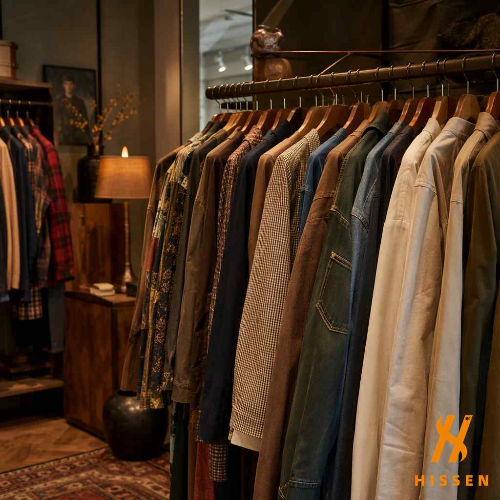Curated second hand clothing rack inside an upscale boutique