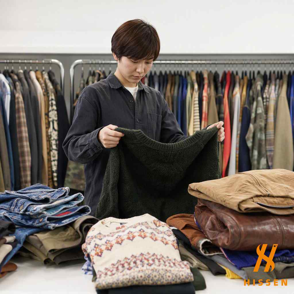 Worker hand-sorting premium vintage garments at a grading table