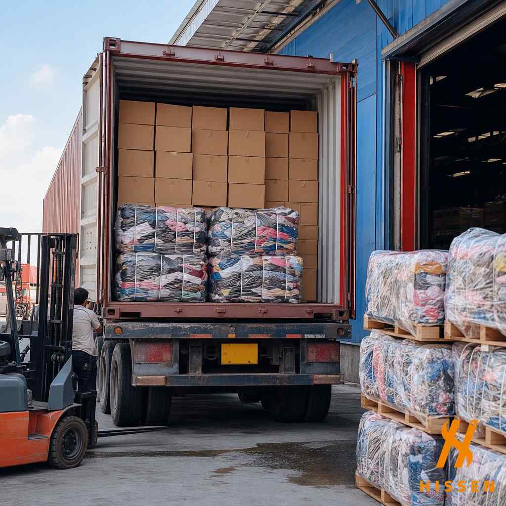 Export container loading sorted used clothing bales