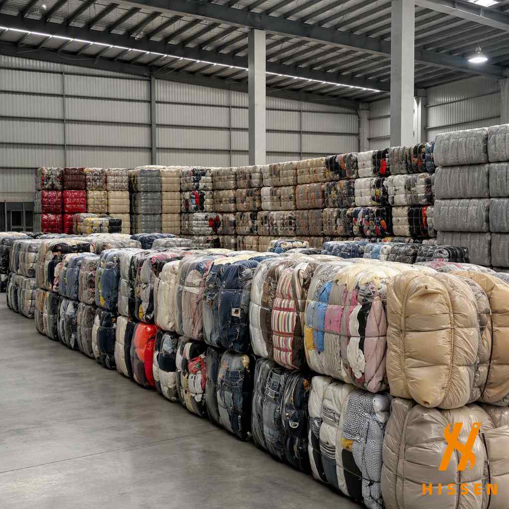 Premium sorted second hand clothing bales in a clean warehouse