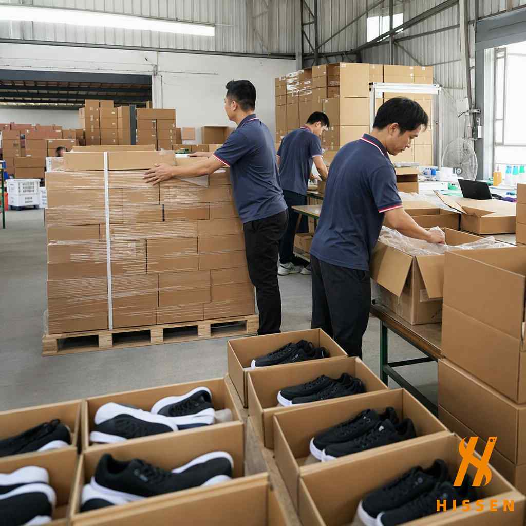 Workers packing shoe cartons onto pallets for bulk export