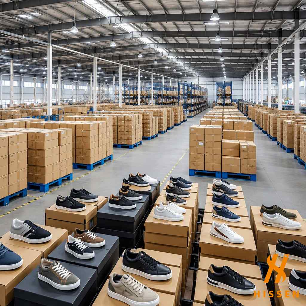 Direct-from-factory shoe inventory in a modern export warehouse