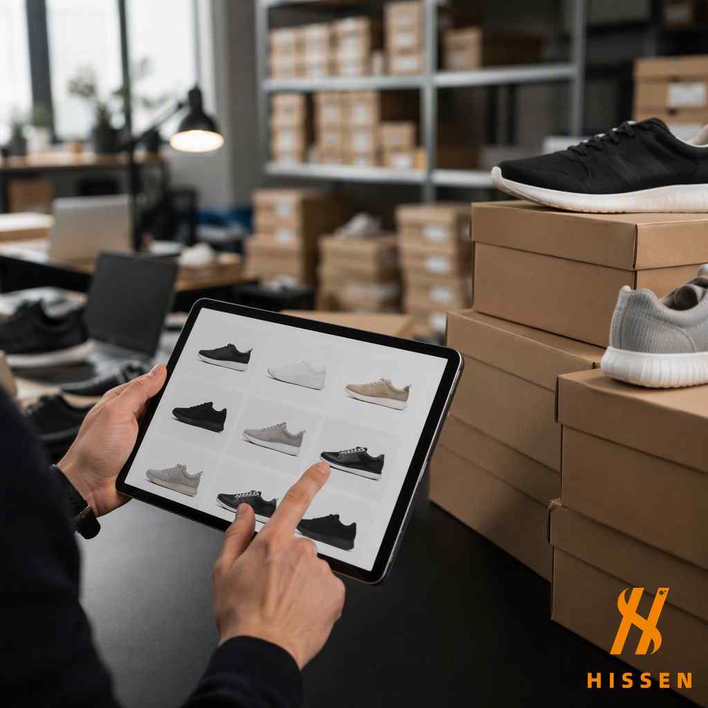 B2B online ordering of shoes shown on a tablet near warehouse stock