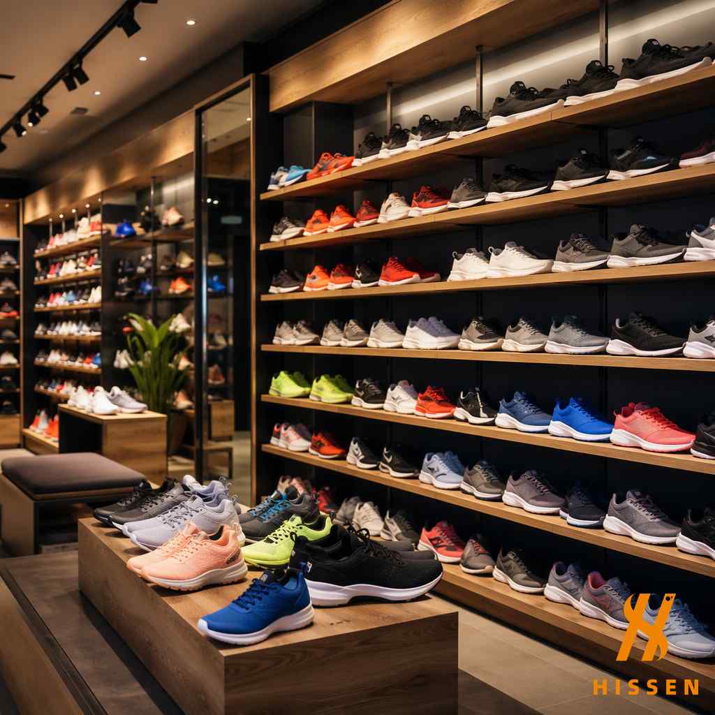 Retail store shelves fully stocked with sports shoes