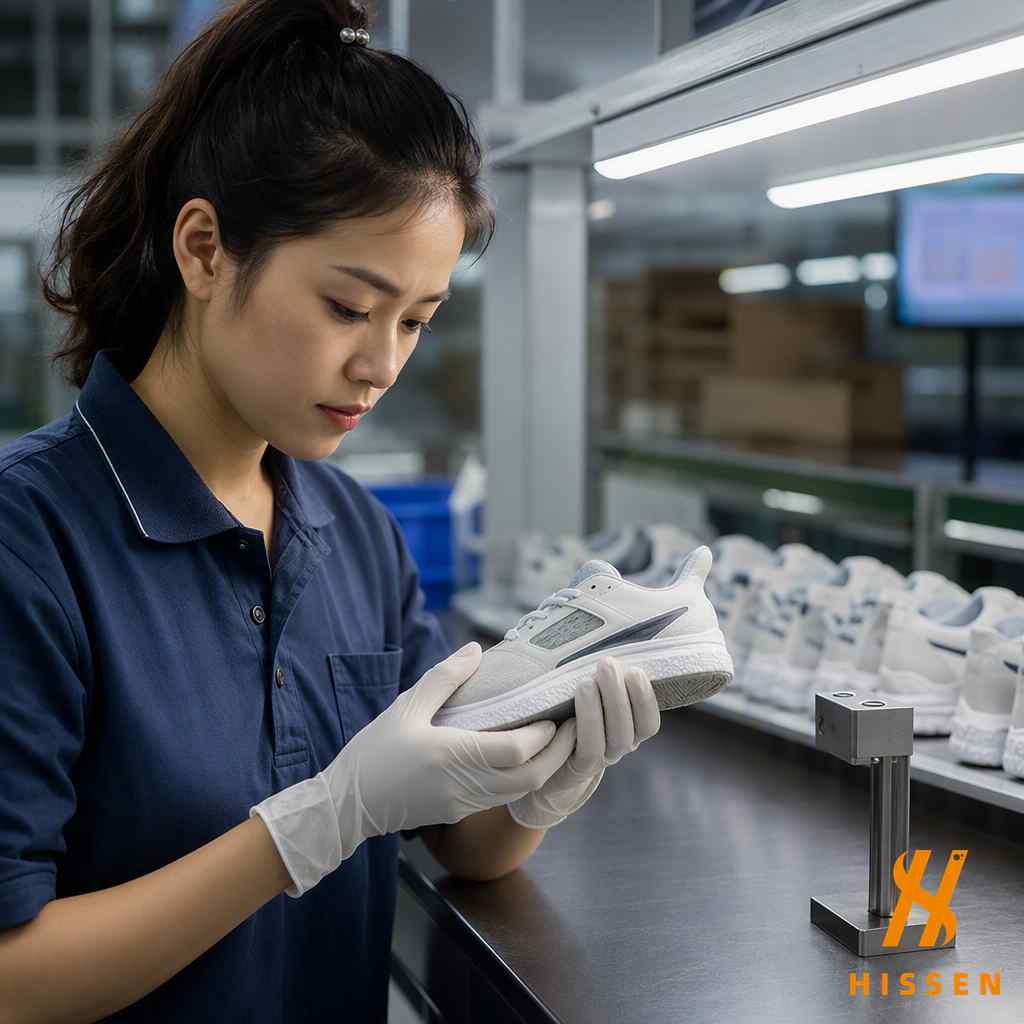 Quality control inspection of athletic shoes at Chinese factory