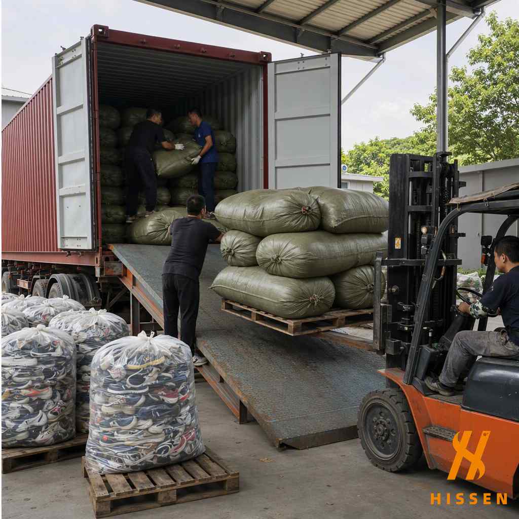 Loading used sneaker sacks into an export container at a warehouse dock