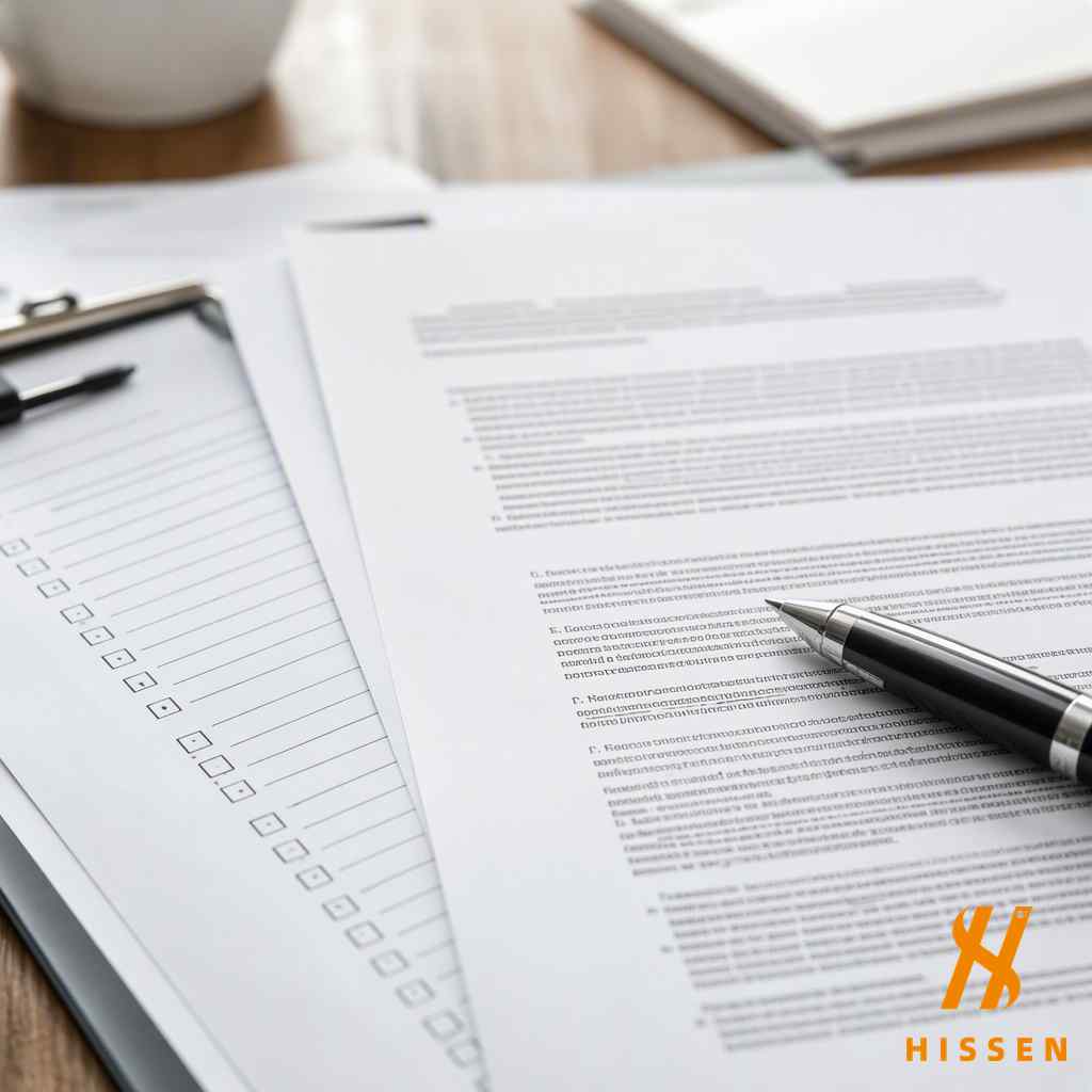 Close-up of trade contract documents and clauses under review