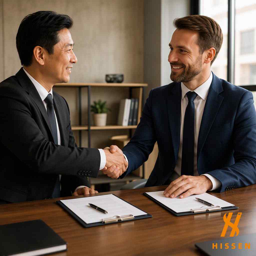 Business partners signing an international trade contract at an office desk