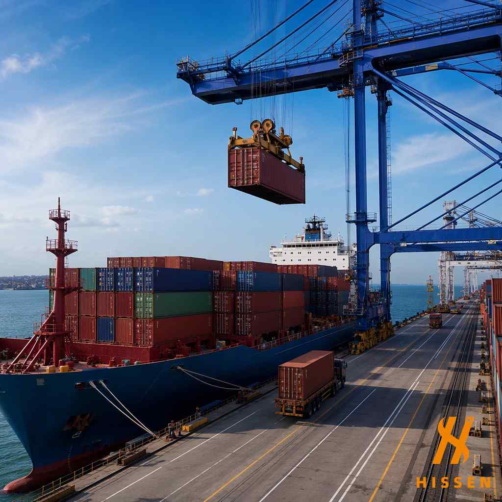 Shipping containers being unloaded at a destination import port