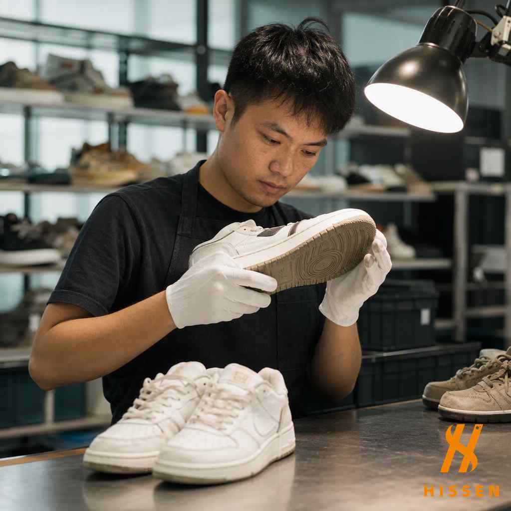 Inspector checking condition of second hand sneakers at a grading station