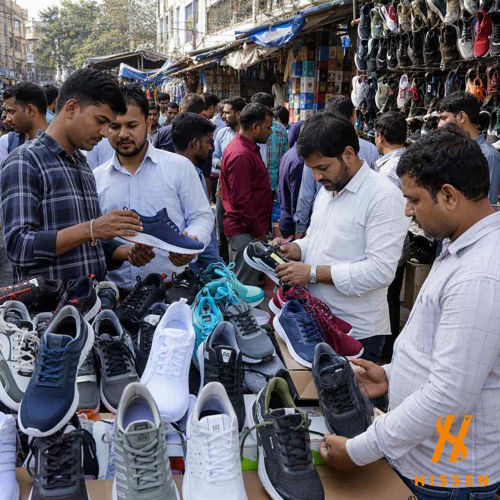 Buyers inspecting sports shoes at a busy wholesale footwear market