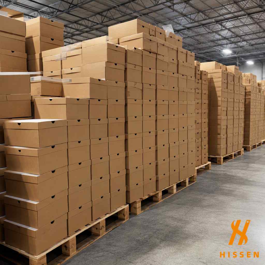 Brand-new boxed athletic shoes stacked as factory surplus stock