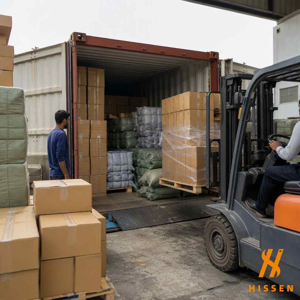 Export container loaded with both shoe cartons and used shoe sacks