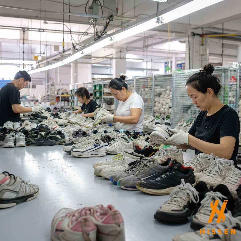 Workers grading and pairing used sneakers at a sorting line