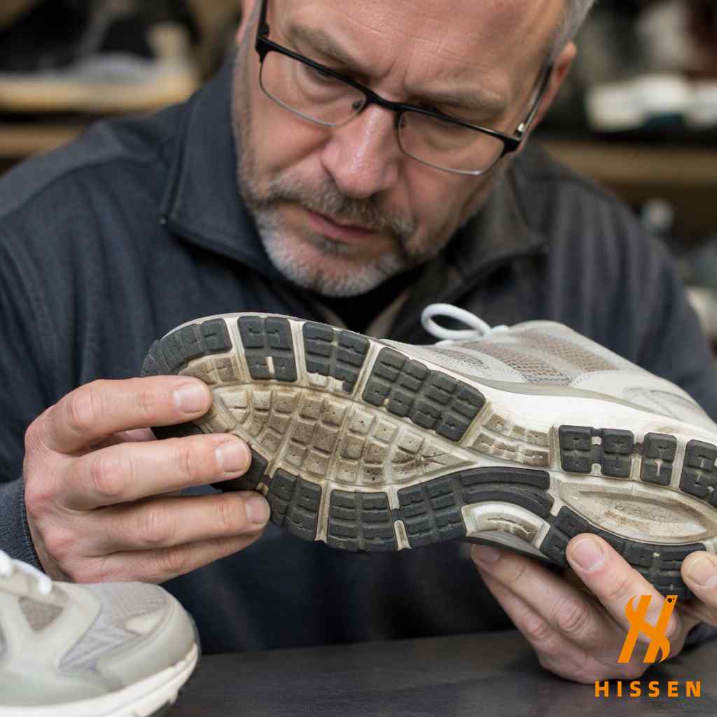 Expert inspecting a second hand sneaker checking sole tread and condition