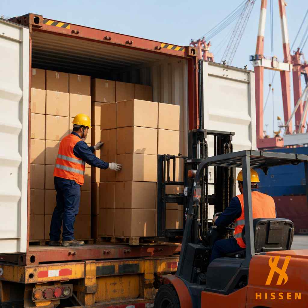 Loading kitchenware cartons into a 20ft shipping container in China