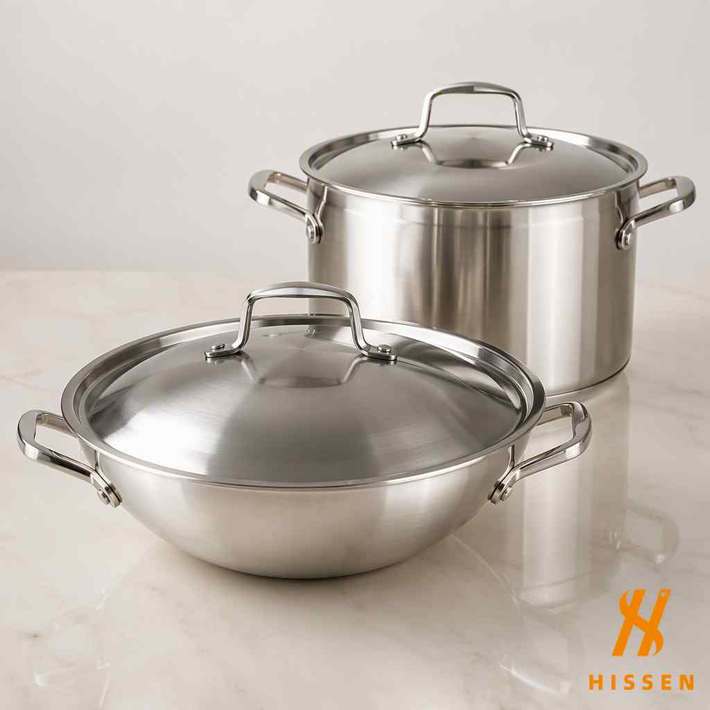 Stainless steel wok and soup pot with lids from Chinese kitchenware exporter
