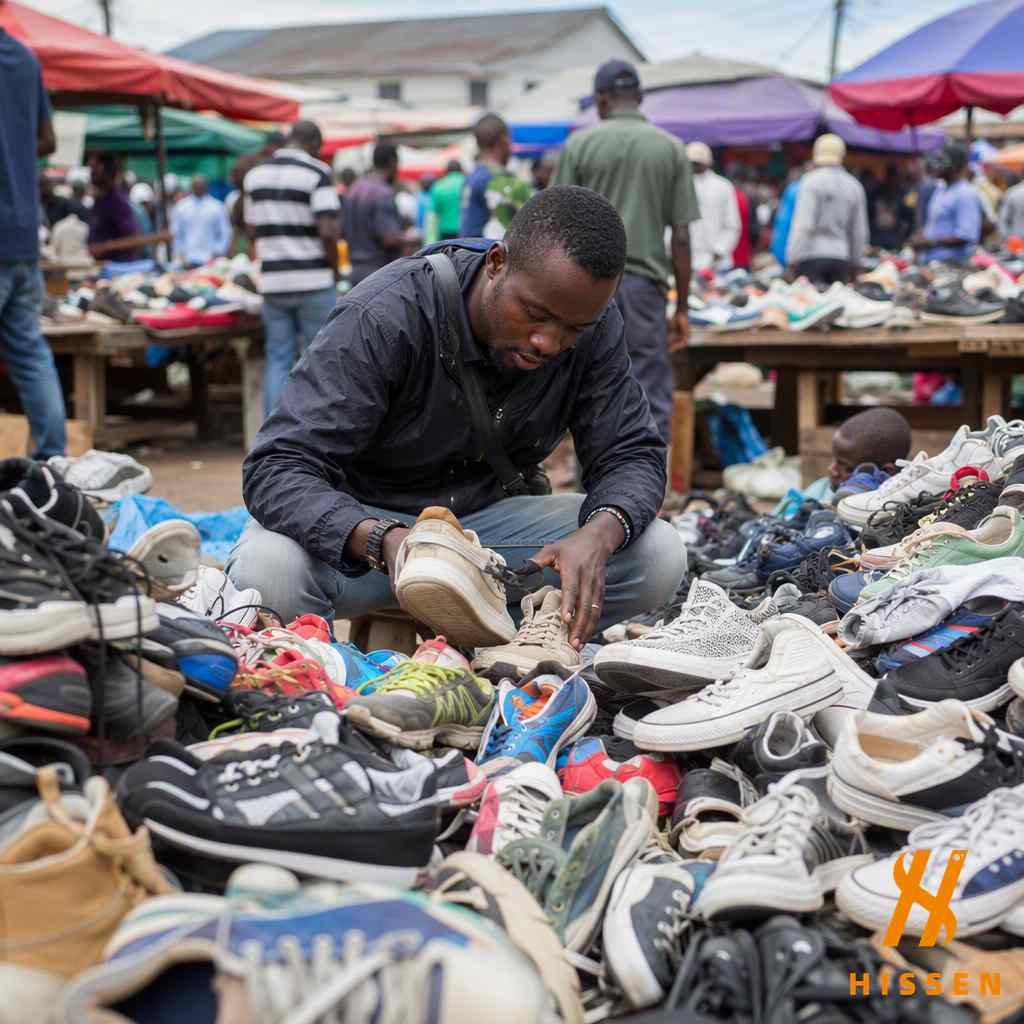 Market trader sorting through second hand sneakers at a busy open air market