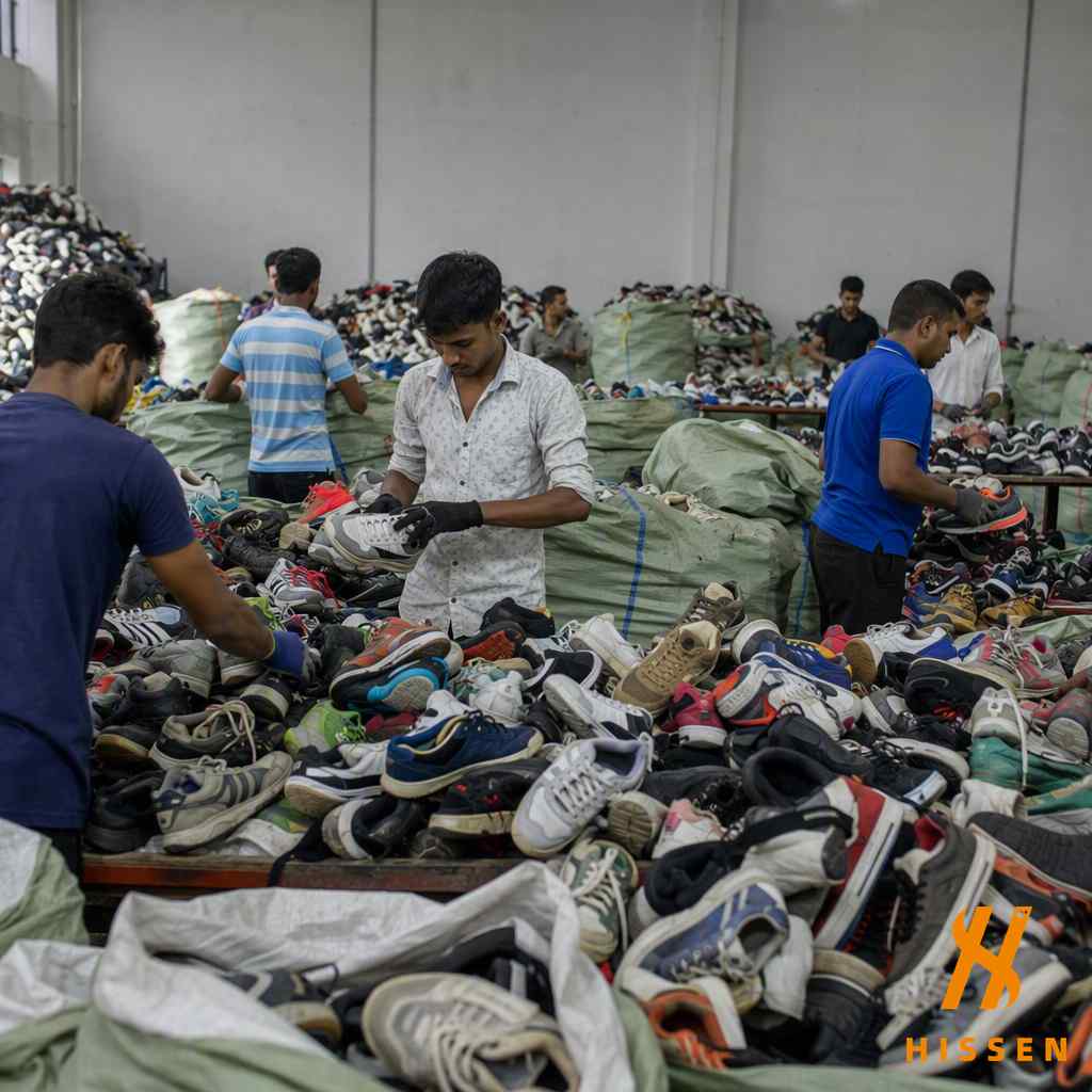 Workers sorting second hand sneakers by brand and condition for bulk export