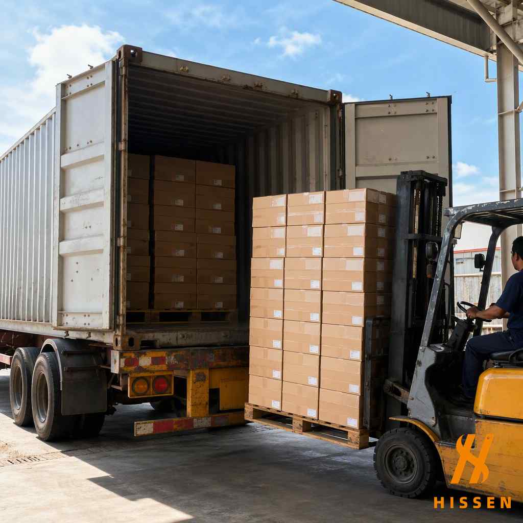 Export container loaded with athletic shoe cartons