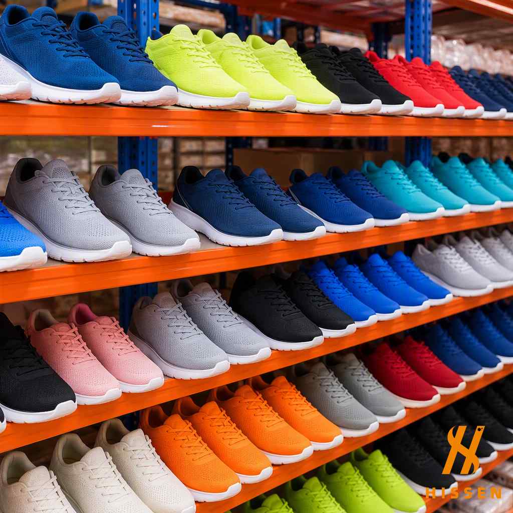 Affordable athletic running shoes stacked in wholesale stock
