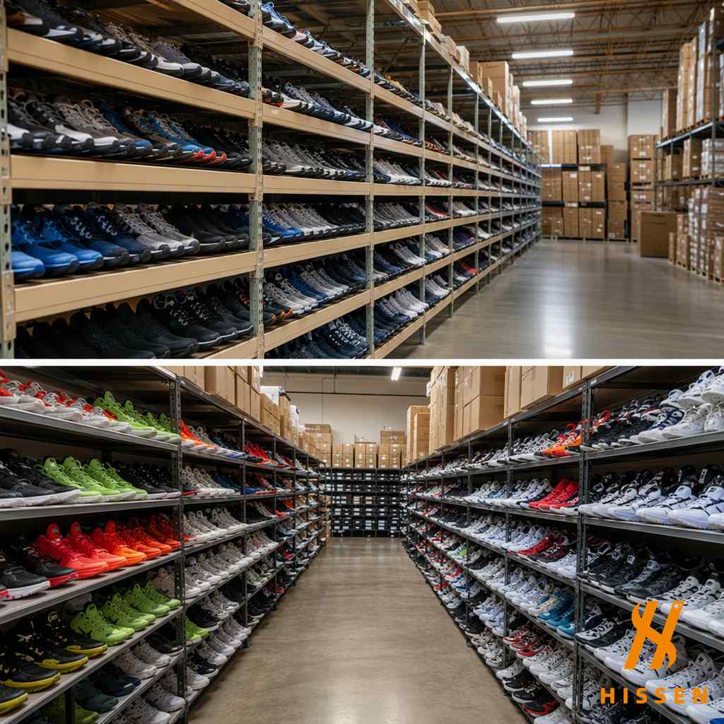 Wholesale warehouse stocked with athletic shoes from different brands