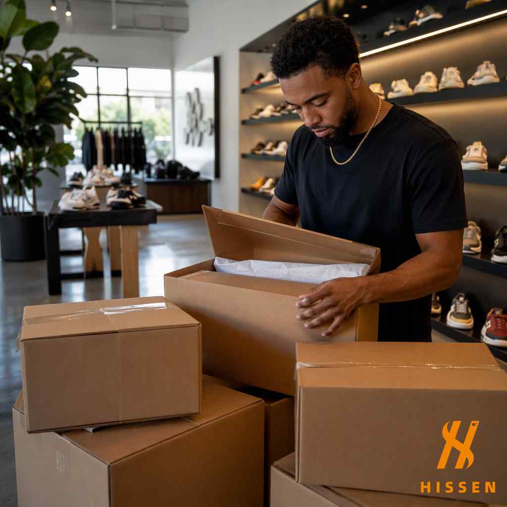 Boutique owner receiving premium sneaker boxes in a stylish shop