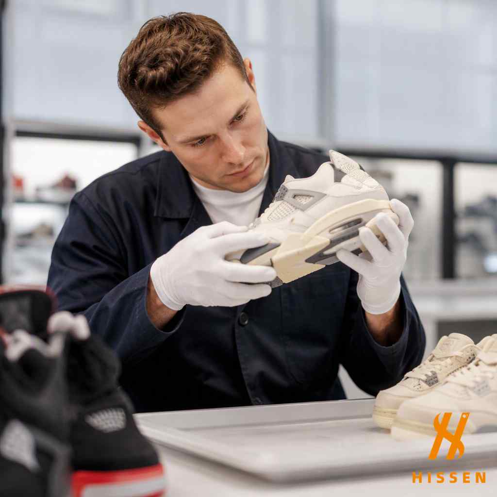 Specialist inspecting a premium sneaker for condition at a sorting table