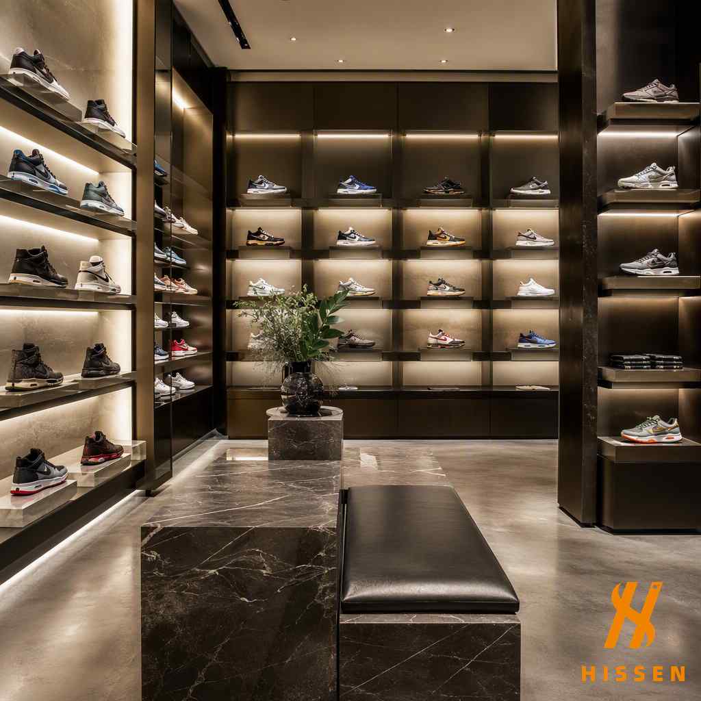 Interior of a premium sneaker boutique with curated sneakers on lit shelves