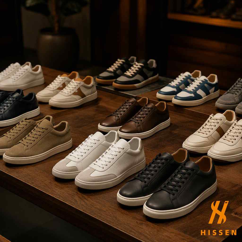Curated pairs of premium sneakers arranged for boutique selection