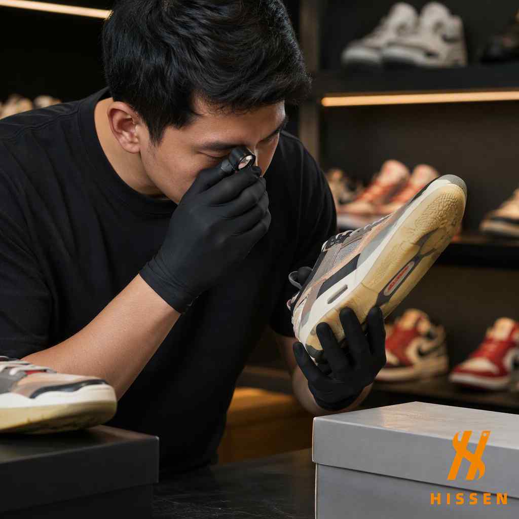 Expert inspecting premium second hand sneakers for condition and brand authenticity