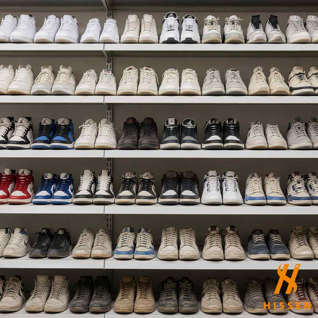 Rows of graded second hand sneakers arranged by condition