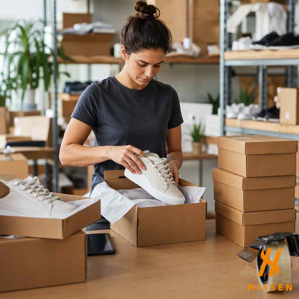 Fulfillment staff packing individual sneaker pairs for online orders