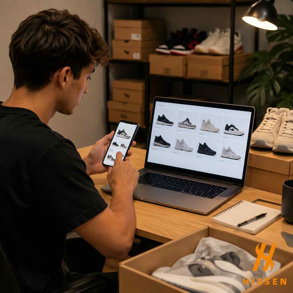 Young online seller running a sneaker store on a laptop and smartphone
