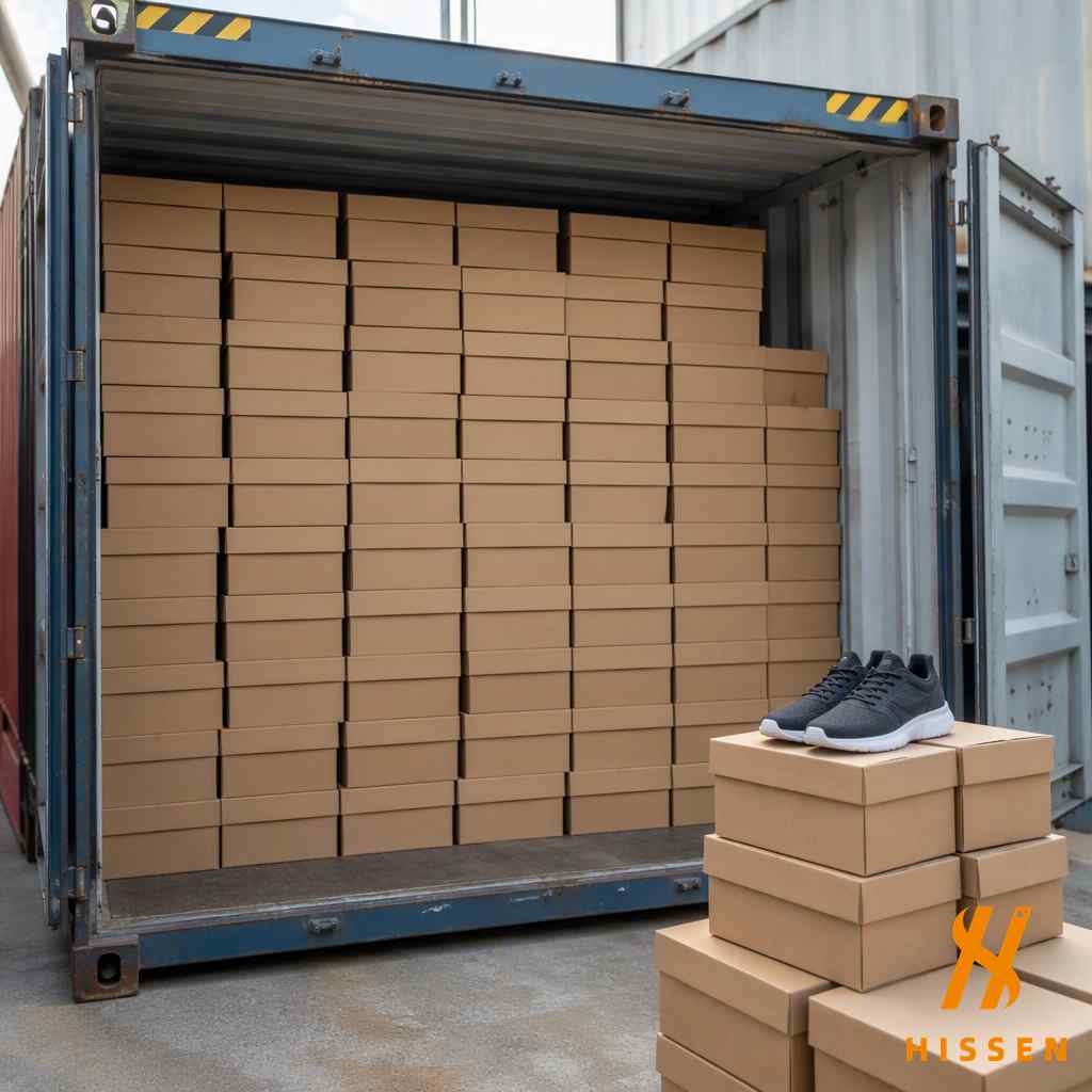 Export container loaded with stacked cartons of shoes