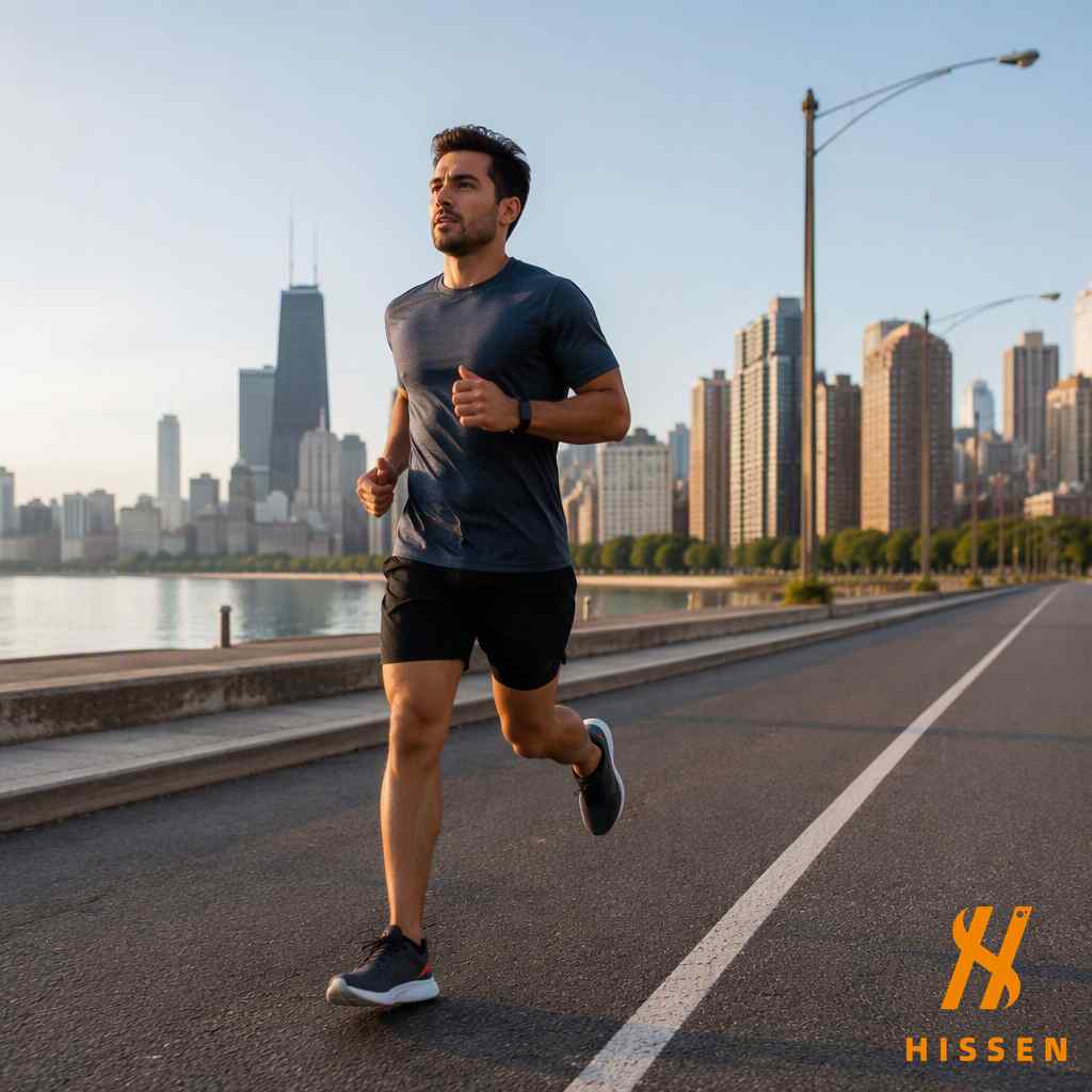 Runner jogging along a city road wearing running shoes