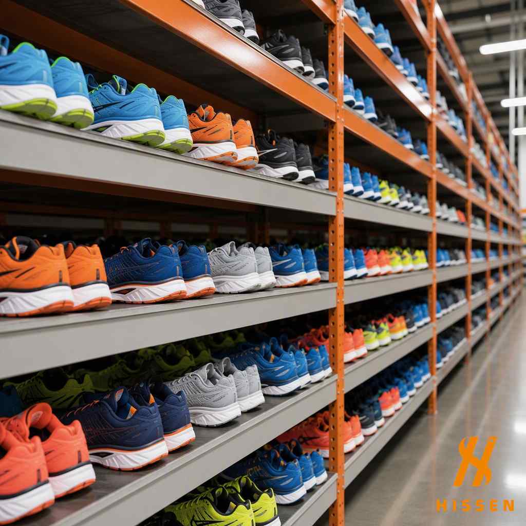 Colorful running shoes lined up on warehouse shelves